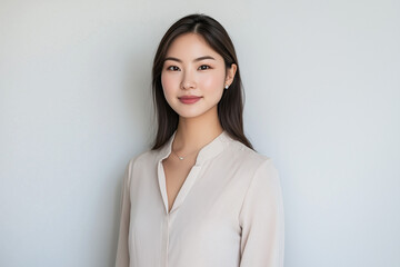 A clean and elegant headshot of a woman standing against a neutral background