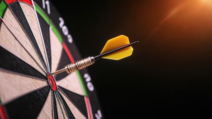 Close-up of a dart arrow hitting the bullseye of a dartboard, symbolizing precision and focus in a game environment.