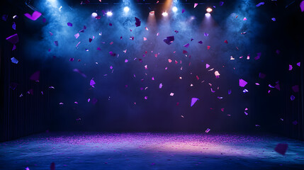A dark room with a blue background and purple confetti falling from the ceiling. Scene is celebratory and festive