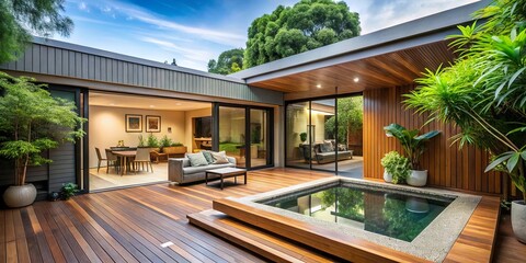 Fototapeta premium Modern Architectural Design with a Patio, Pool, and Deck Featuring a Tranquil Atmosphere Surrounded by Lush Greenery