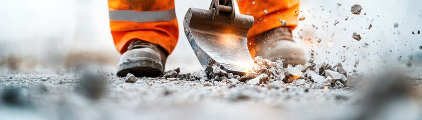 Close-up of construction worker's feet in safety boots, digging with shovel, showcasing hard work and dedication on site.