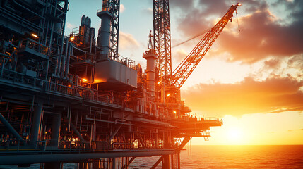 Oil Rig Platform at Sunset, Industrial Offshore Structure, Energy Production