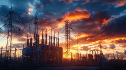 Fototapeta premium Silhouette of Power Lines and Transformers at Sunset