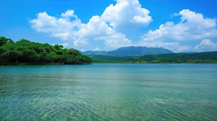 Beautiful and clear natural scenery - a captivating view of nature's wonders. This idyllic scene showcases the splendor of clear skies, lush landscapes, and serene waters, inviting you to immerse your
