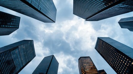 Skyscrapers against a cloudy sky, viewed from below, urban landscape perspective.