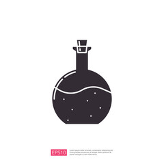 A simplistic black silhouette of a round glass bottle with a cork, containing a liquid with bubbles, suggesting a potion or chemical substance.