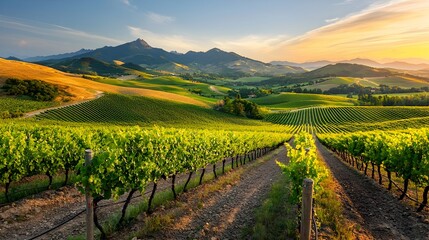 Fototapeta premium Layered landscape featuring paper grapevines winding across a rolling hilly vineyard scene Showcases a creative natural environment with a textured handcrafted feel