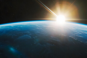 breathtaking view of Earths atmosphere from space, showcasing curvature of planet and radiant sun rising above horizon. scene evokes sense of wonder and tranquility