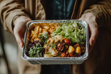 A reusable lunch box filled with a healthy meal, avoiding single-use plastic packaging