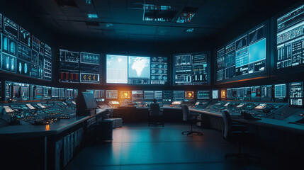 Futuristic Control Room Interior With Multiple Screens And Glowing Lights