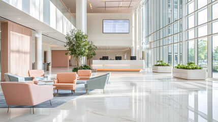 Fototapeta premium sleek modern hospital lobby featuring clean white walls, large windows, and stylish seating arrangements. bright space is inviting and well lit, creating calming atmosphere
