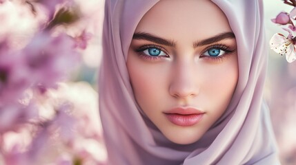 Beautiful Young Woman in Hijab Among Blossoms