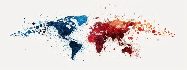 Abstract World Map in Blue and Red Color Splashes