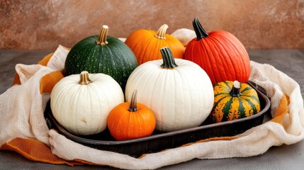 Colorful pumpkins arranged on a tray with a soft cloth backdrop.