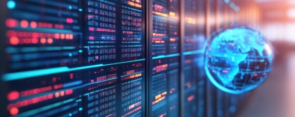 Obraz premium Futuristic data center with glowing servers and a digital globe, representing global connectivity and advanced technology.