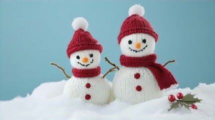 Fototapeta premium A cheerful snowman wearing a hat and scarf stands on a blanket of snow, surrounded by snowflakes and decorated for the winter holiday season
