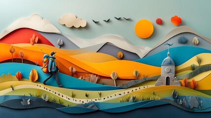 Layered paper landscape depicting a serene pilgrimage route with iconic landmarks and travelers embarking on a scenic journey of discovery and adventure through the rugged mountainous terrain