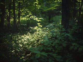 Obraz premium serene forest scene with sunlight filtering through lush green foliage, creating tranquil atmosphere. interplay of light and shadows enhances natural beauty of woodland