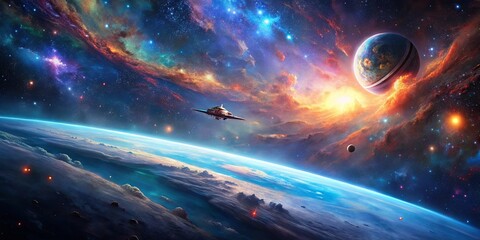 Obraz premium A lone spacecraft navigates through the vast cosmic tapestry, passing a glowing planet and a fiery nebula, with a distant world appearing on the horizon.