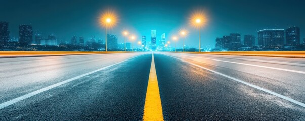 Illuminated city road at night with vibrant lights and empty lanes, showcasing a sense of calm and urban beauty.