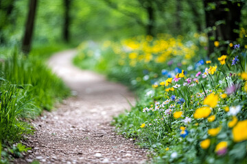 Wildflowers growing along a winding path through the woods