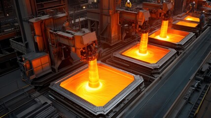 Fototapeta premium Industrial foundry with molten metal pouring into molds, showcasing high-temperature manufacturing processes.