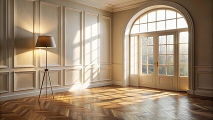 Fototapeta premium Sunlight Streams Through An Arched Window In A Room With White Paneled Walls And A Wooden Floor