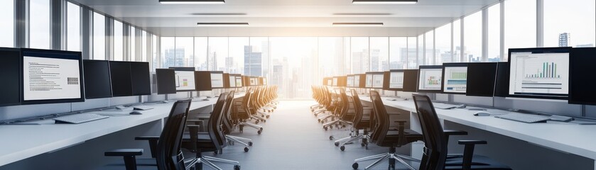 Modern office interior with sunlight illuminating workstations and computers, creating a bright and productive environment.