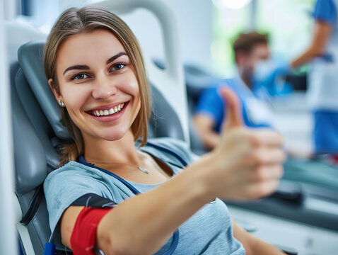 Smiling donor giving thumbs up while donating blood, showcasing positive and encouraging atmosphere in medical setting