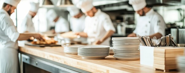 Obraz premium Professional chefs working in a modern kitchen, preparing meals with focus and precision, showcasing culinary expertise.