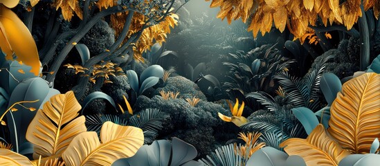 Abstract modern 3D mural of a forest with wildlife enhanced by golden highlights.