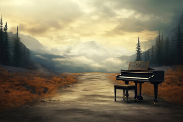 generated illustration grand piano with rural landscape with a path