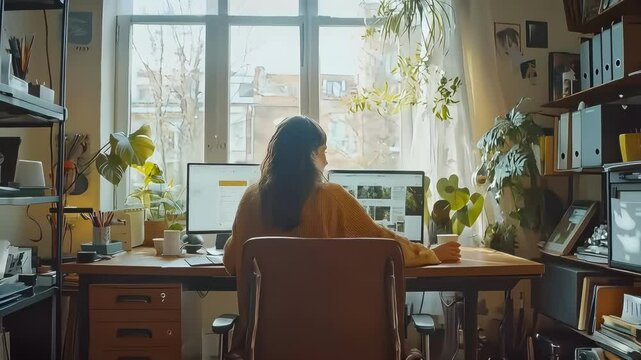 Female Asian working remotely in a cozy, plant-filled home office.