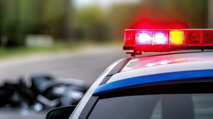 Close-up of a police car's flashing red and yellow lights, with a blurred out background of a street and another car.