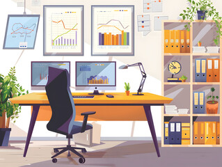 modern office room featuring spacious wooden desk, ergonomic chair, and dual monitors displaying colorful graphs. bright environment is enhanced by plants and organized shelves, creating productive