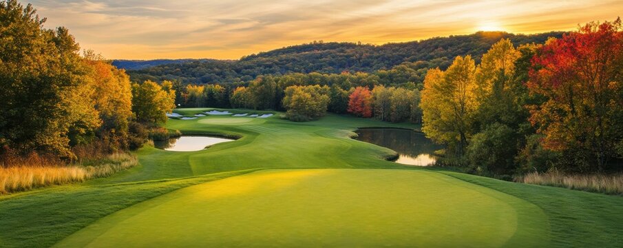 Stunning sunset over a lush golf course, surrounded by vibrant fall foliage, creating a serene and picturesque landscape.