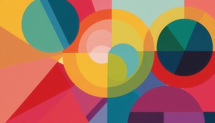 Obraz premium Geometric artwork with red, blue, yellow, green, pink shapes, gradients, and patterns.