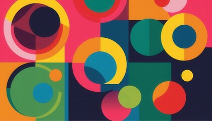 Colorful geometric art with red, blue, yellow, green, and pink shapes, gradients, and patterns.