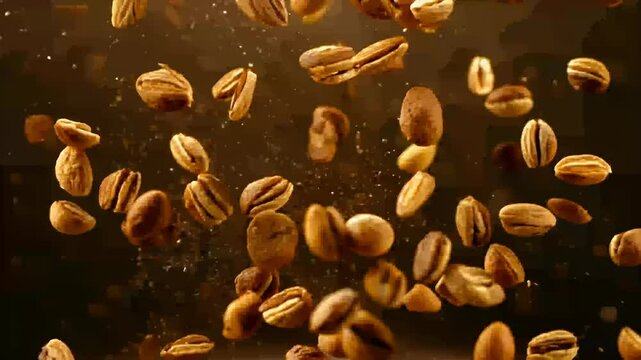 super slowmotion shot hazelnuts explode black background captured frames highspeed cinema camera their delicious texture stunning 4K detail hazelnut food explosion