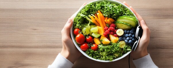 Vibrant bowl of fresh fruits and vegetables held by hands, showcasing healthy eating and nutrition concepts.