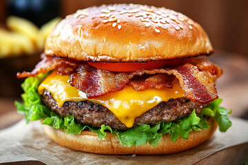 Close-up of a greasy cheeseburger with melted cheese and crispy bacon