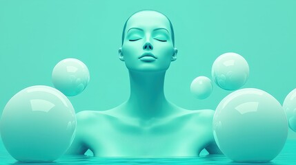 A woman is floating in a pool of water with many white spheres surrounding her