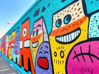 Obraz premium Vibrant street art featuring playful characters on a colorful wall, showcasing creativity and urban culture.