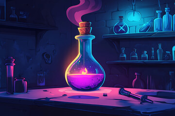 A glowing potion in a mystical laboratory setting with various bottles and tools.