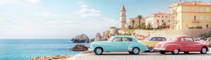 Vintage cars parked by the seaside, with charming architecture and a serene ocean view, evoking nostalgia and relaxation.
