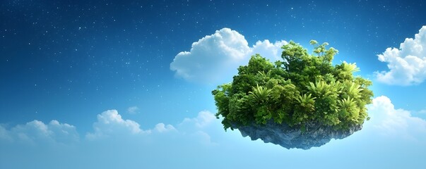 Enchanting Celestial Skies Over a Vibrant 3D Floating Island - Illuminated Vegetation and Striking Contrasts in Dreamlike Landscape