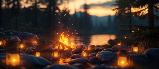 Fototapeta premium A cozy campfire on a riverbank, surrounded by lanterns and glowing embers, with a beautiful sunset in the background.