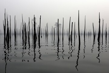 A haunting scene of bare tree trunks rising from a still body of water, their reflections creating a mesmerizing pattern.