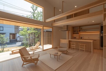 Fototapeta premium Modern Minimalist Home with Open Plan Living and Kitchen
