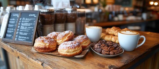 Fototapeta premium Freshly baked pastries, a cup of cappuccino, and a bowl of chocolates sit on a wooden counter.